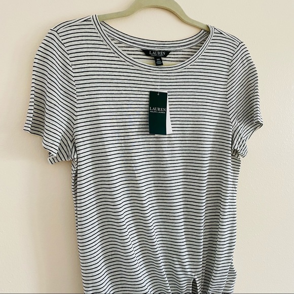 New Lauren Ralph Lauren linen Striped T-Shirt front knot top - Picture 5 of 10